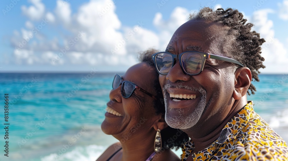 a couple enjoying a sunny day at the beach, with the man wearing a yellow shirt and black glasses, and the woman sporting curly hair and a silver earring the blue and white a couple enjoying a sunny day at the beach, with the man wearing a yellow shirt and black glasses, and the woman sporting curly hair and a silver earring the blue and white