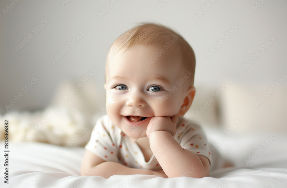 happy cute newborn smiling baby on bed happy cute newborn smiling baby on bed