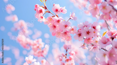 abstract blossoming sakura tree with pink and white flowers against a blue sky