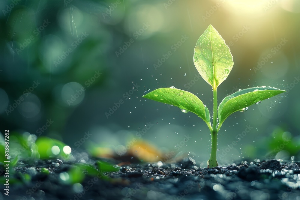 Delicate 3D plant sprout with translucent water drops, sunlit Delicate 3D plant sprout with translucent water drops, sunlit