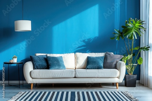 A white couch with blue pillows sits in front of a blue wall