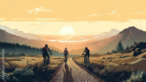 Bike touring adventure cartoon illustration - Generative AI. Bike  road  people  sunset  desert.