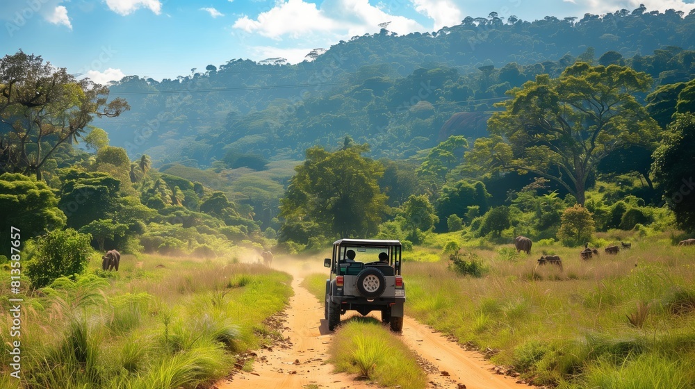 African Safari. The car off-road stands next to the mountains and jungle, and the exploration of travelling African Safari. The car off-road stands next to the mountains and jungle, and the exploration of travelling
