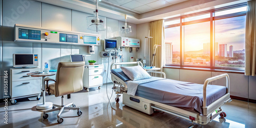 Modern Hospital Room with Stethoscope and Heart Rate Monitor