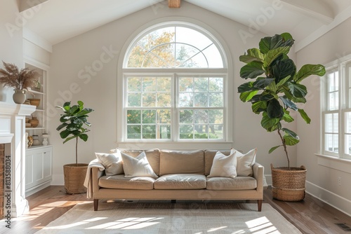 A living room with a couch  two potted plants  and a window