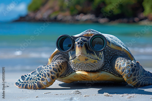 Turtle with binoculars in front of his eyes on a sandy beach. Generated by artificial intelligence