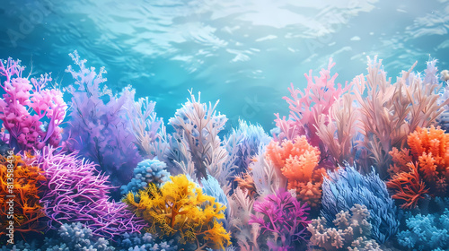 abstract coral reef with a variety of colorful flowers and blue water