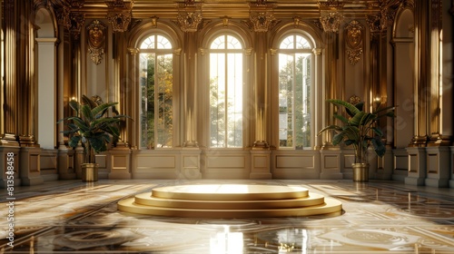 Extravagant Gold-Leaf Podium  front view focus  with a Mansion Foyer Background  ideal for luxury watch product displays