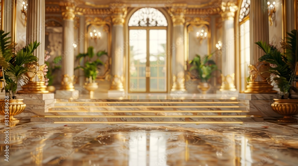 Extravagant Gold-Leaf Podium, front view focus, with a Mansion Foyer Background, ideal for luxury watch product displays