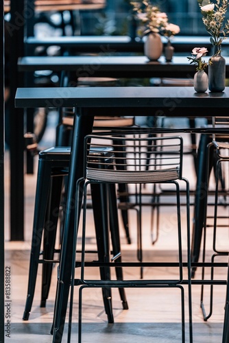 Vertical shot of the empty chairs in a restaurant.