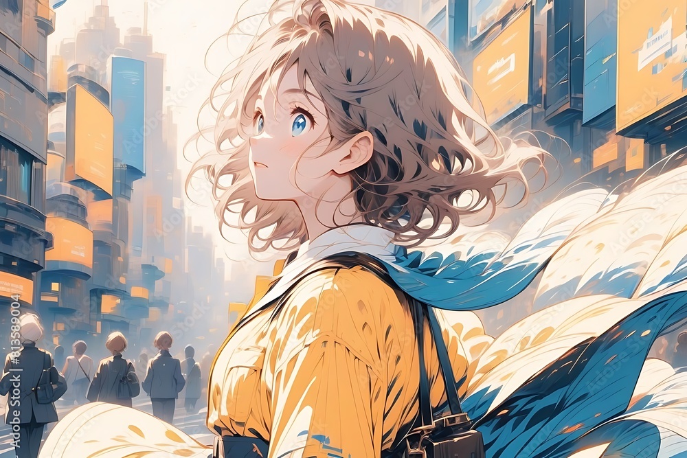 A young anime professional confidently navigating through a busy cityscape A young anime professional confidently navigating through a busy cityscape