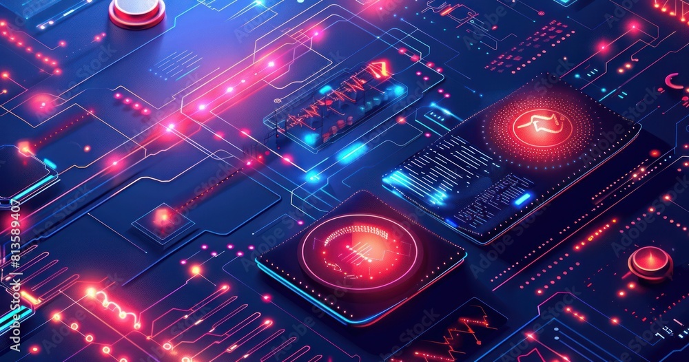 A computer chip with many red lights on it A computer chip with many red lights on it