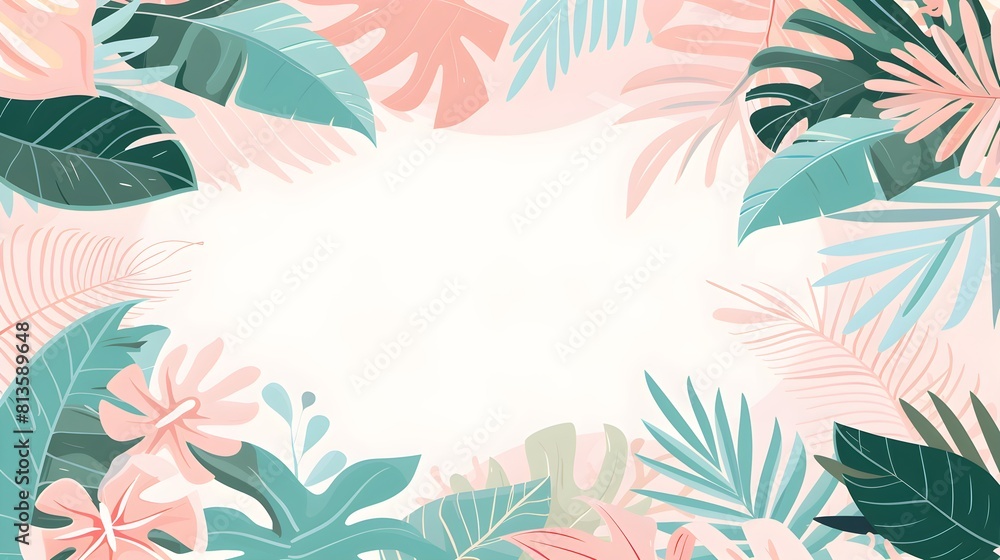 Tropical leaves frame border background with copy space for promo decoration, light pastel colors Tropical leaves frame border background with copy space for promo decoration, light pastel colors