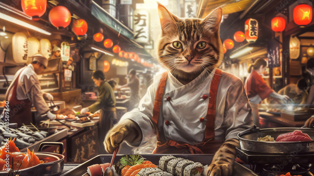 Cat in sushi chef role , Fantasy animal theme . Cat in sushi chef role , Fantasy animal theme .