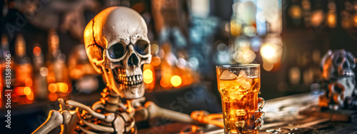 Skeleton enjoying a drink at a bar, alcohol kills concept