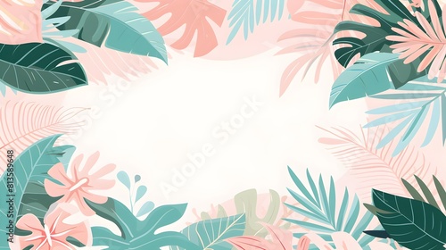 Tropical leaves frame border background with copy space for promo decoration, light pastel colors
