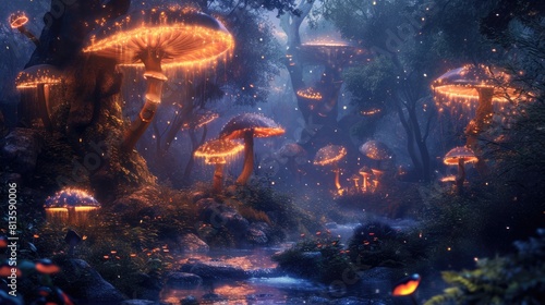 An ethereal scene of an enchanted forest illuminated by the soft glow of mystical, oversized mushrooms along a serene stream. Resplendent. © Summit Art Creations