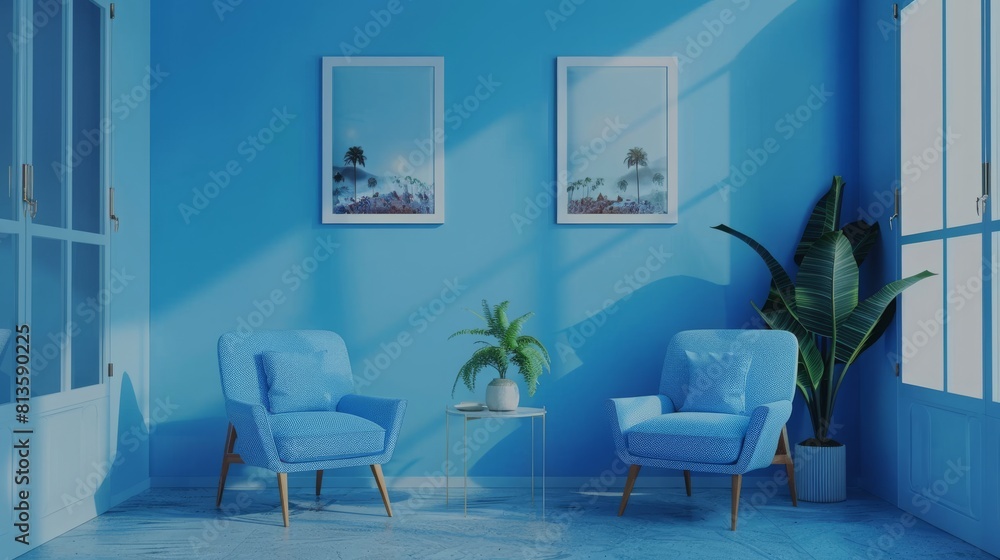 blue living room interior with armchairs and posters