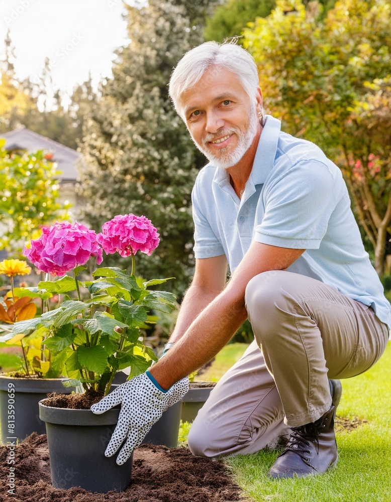 Attractive senior man plants flowers in the garden Attractive senior man plants flowers in the garden
