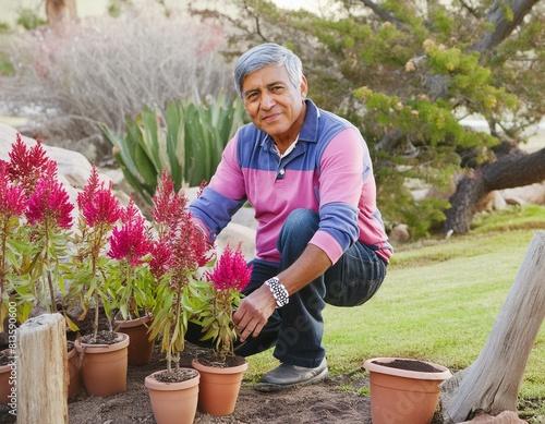 Attractive senior man plants flowers in the garden