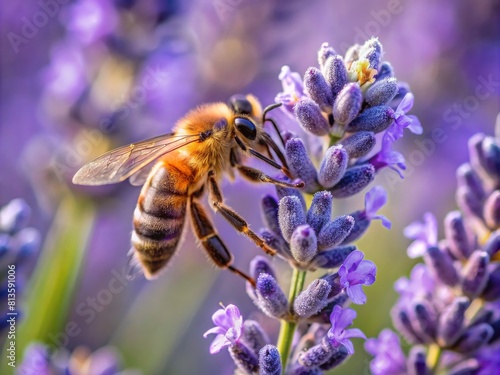 A bee collects pollen on lavender flowers, close-up.