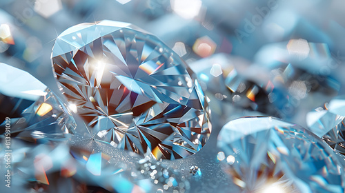 Diamond Composition on White Background  Closeup blue diamond lies on a table in front of a mirror 