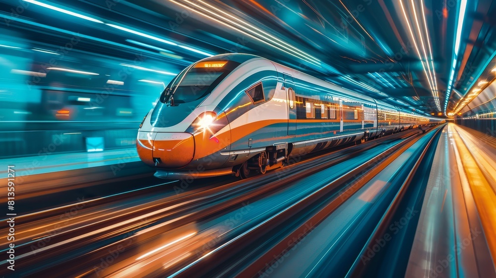 High-speed train zooming through a futuristic landscape at dusk High-speed train zooming through a futuristic landscape at dusk
