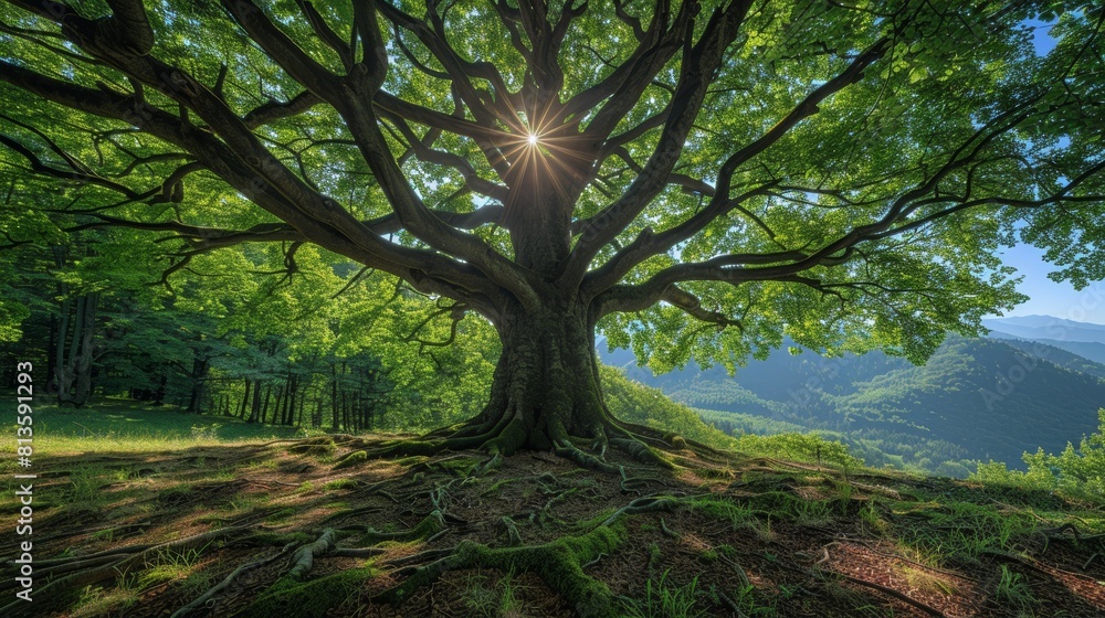 Majestic Old Beech Tree with Lush Green Leaves and Sun Rays in Serene Forest