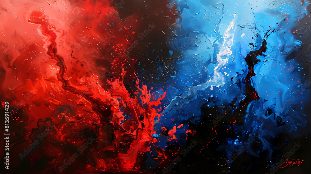 abstract fire and ice painting featuring a red and blue color scheme, with a textured surface and a prominent red and blue color scheme