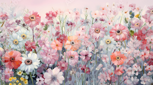 fluffy pink flowers grass field illustration background poster decorative painting