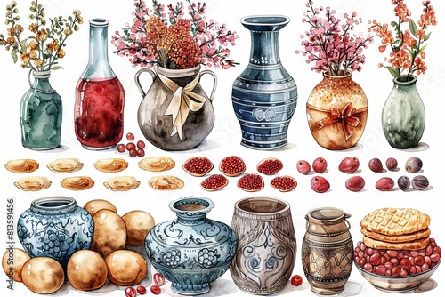 Colorful Nowruz Holiday Vector Illustration Featuring Traditional Vases, Flowers, and Festive Foods