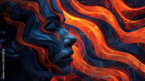 Abstract Digital Art of Human Face with Flowing Waves in Blue and Orange Tones photo