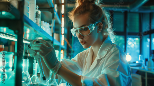 Female college student working on experiments in school science laboratory