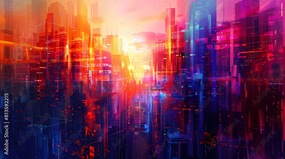 abstract futuristic metropolis cityscape featuring a towering skyscraper, a bustling street, and a serene river flowing through it