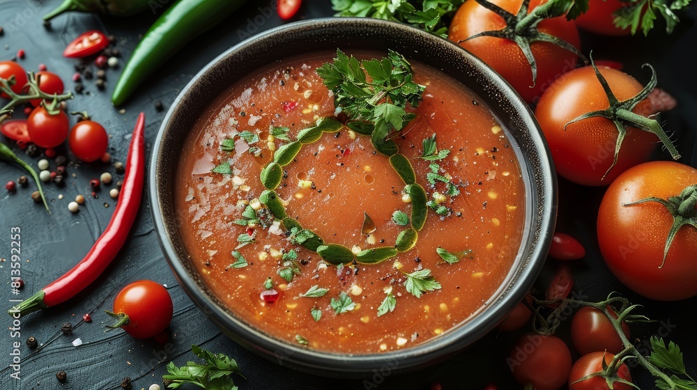 A soup chili and tomatoes. The soup is light pink in color and contains no solids. surround with tomatoes and chili peppers on background. top view. Generative AI. A soup chili and tomatoes. The soup is light pink in color and contains no solids. surround with tomatoes and chili peppers on background. top view. Generative AI.