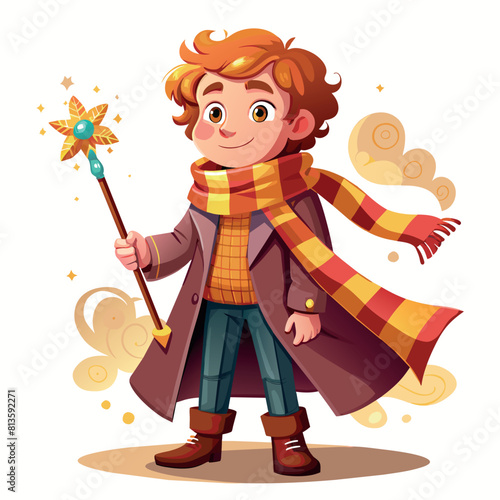 A cartoon wizard boy wearing a scarf and tie stands in front of a white background. He looks serious and focused