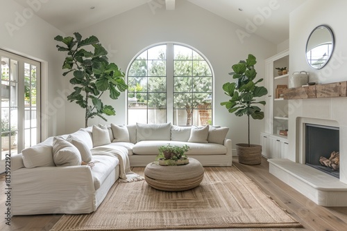 A living room with a white couch  a coffee table  and a fireplace