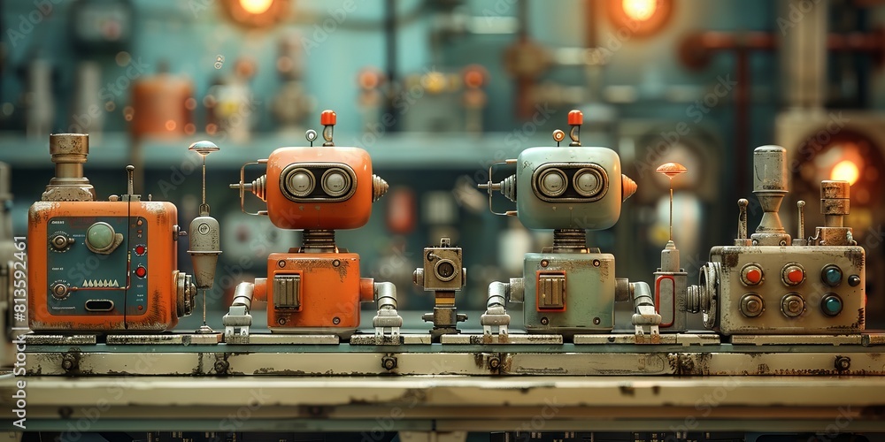 Cute robots animating a quirky toy factory production line, playfully assembling delightfully odd retro-futuristic playthings