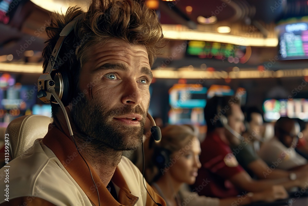 Busy call center agents with headset engaged in customer service. Busy call center agents with headset engaged in customer service.