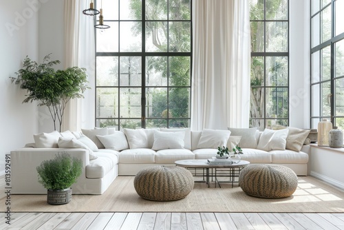 A large white living room with a couch, coffee table, and two ottoman seats