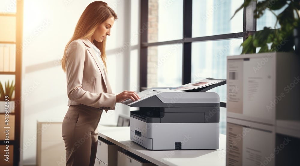 Business woman using a copy machine or printer to print documents in the office, close-up
Business woman using a copy machine or printer to print documents in the office, close-up