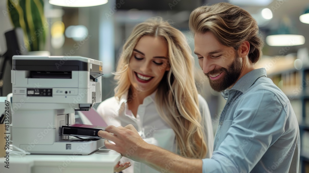 Two coworkers are in an office, checking the Wi-Fi signal to connect a printer to the internet. Generative AI.