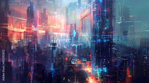 abstract futuristic metropolis cityscape featuring a towering skyscraper  a bustling street  and a serene river flowing through the center