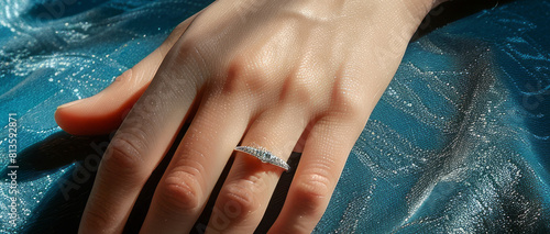 A closeup of the hand with a thin gold ring on it,  photo