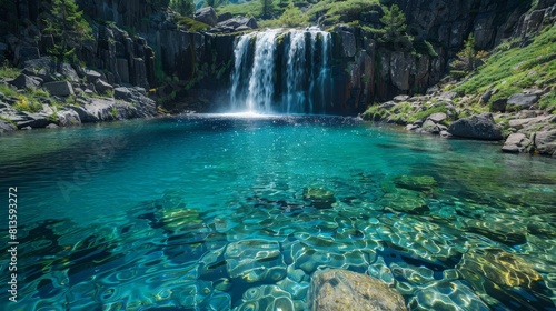 Majestic waterfall cascading into a crystal-clear blue lagoon
