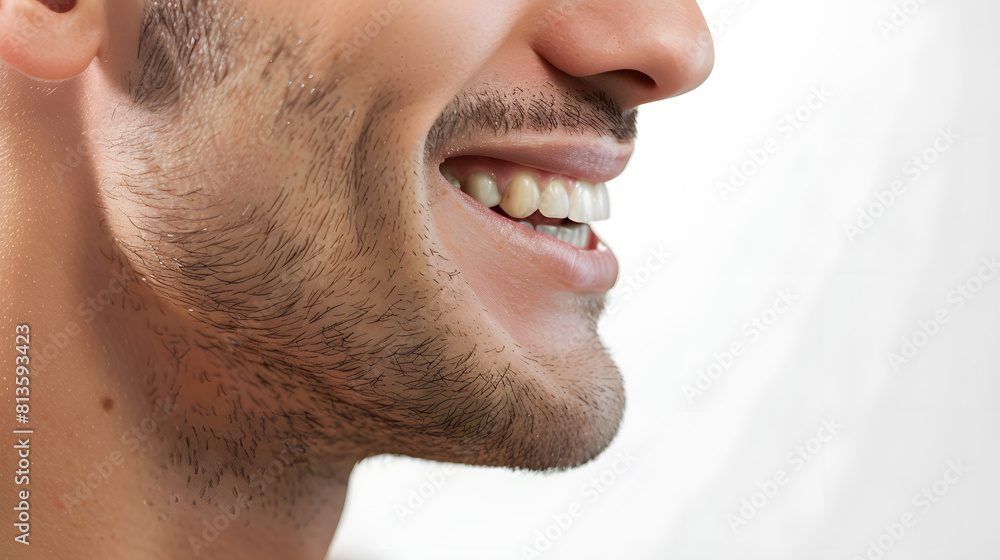 Fototapeta premium Close-up of smiling man teeth side shot isolated on white background. Dental advertising