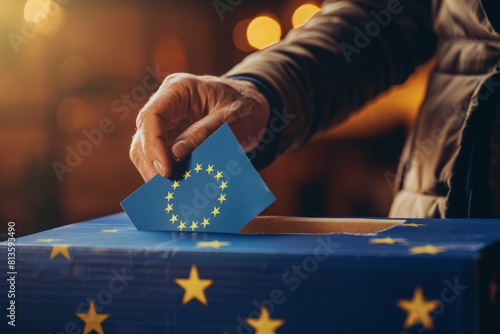 A voter casts their ballot in a box adorned with the EU flag, symbolizing democratic participation. photo