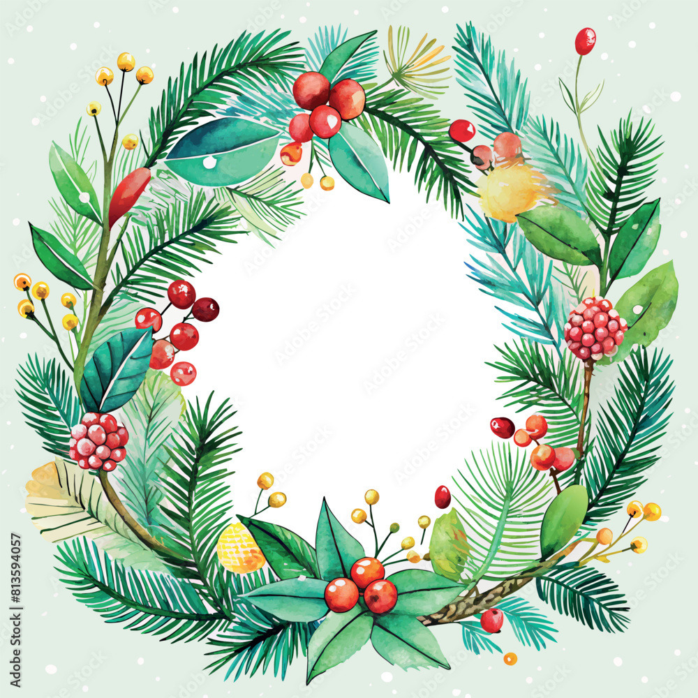 A watercolor Christmas painting of a wreath with green leaves and red berries. The wreath is surrounded by a white background