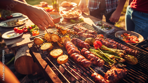 a group of people preparing a barbecue in nature, frying vegetables on the grill