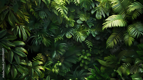 abstract jungle canopy featuring lush green foliage and a towering tree